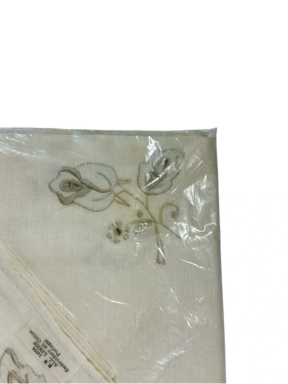 Vtg Imperial Coronet Linen Tablecloth Set 5pc Embroidered Rose Cutwork Portugal